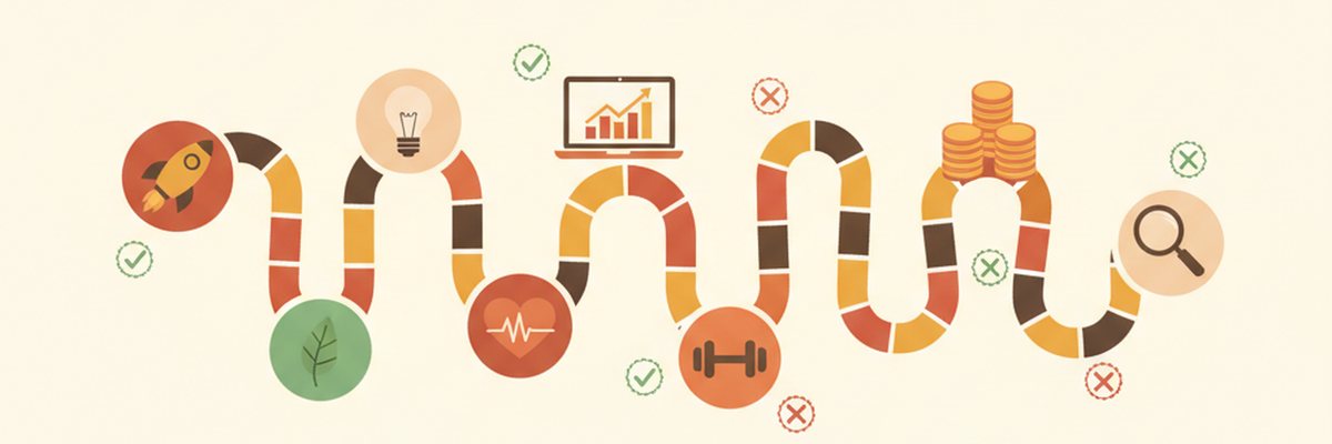 TimChecks banner — a board-game path winding past a rocket, a leaf, a lightbulb, a laptop with a rising chart, a heartbeat, a dumbbell, a stack of coins and a magnifying glass, with green ticks and red crosses along the way