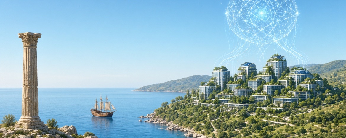 Article cover: a weathered classical stone column on a rocky Mediterranean coast, a tall ship at anchor, and across the bay a modern green-terraced city under a glowing network sphere — antiquity and an AI-era power side by side.