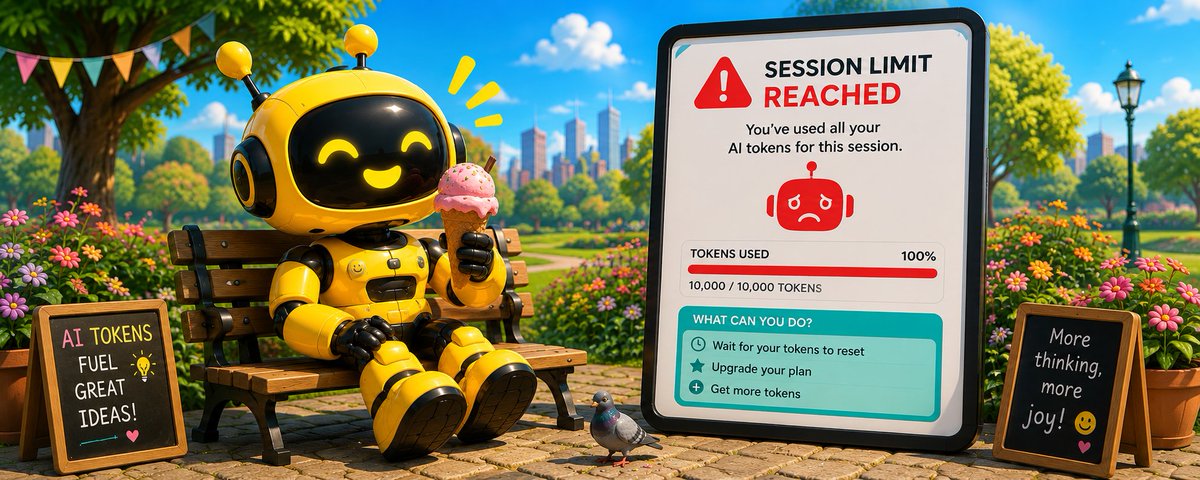 Playful 3D illustration: a cheerful yellow robot sits on a park bench eating an ice cream next to a large tablet showing “Session limit reached — you've used all your AI tokens for this session”, with a full red token bar at 100% and options to wait, upgrade or buy more. Small chalkboards on either side read “AI tokens fuel great ideas!” and “More thinking, more joy!”.